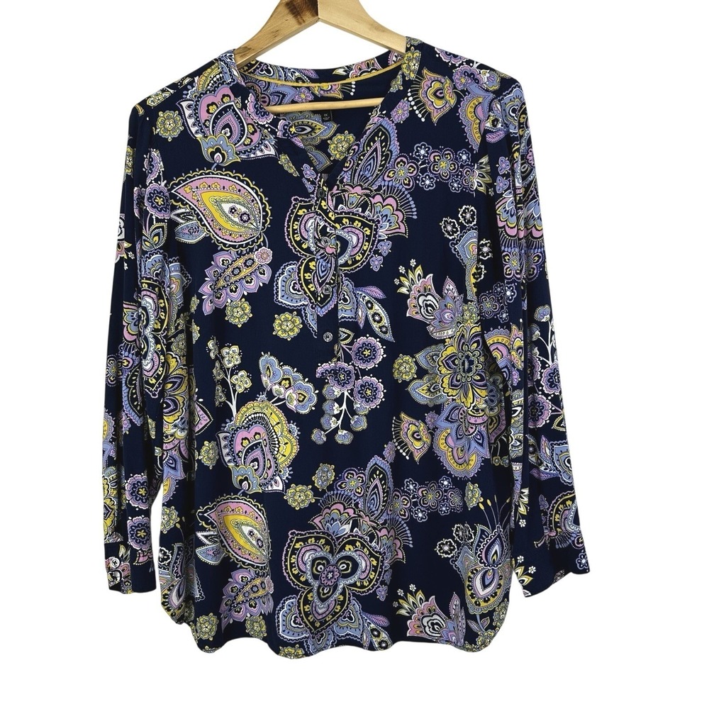 Talbots Plus Popover Top Women's 1X Multicolor Floral Paisley Boho Colorful Art